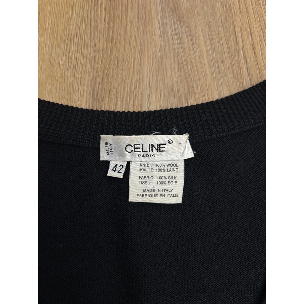 Celine Paris Vintage Black Wool Silk Triomphe Monogram Cardigan Sweater 42 - Picture 2 of 6